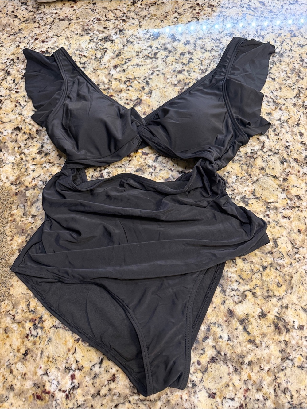 Black Ruffle-Shoulder One-Piece Swimsuit with Draped Front new without tags